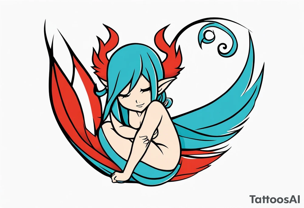 A fairy with a tail inspired by the logo of the show called Fairy Tail in a fetal position leaning in tattoo idea