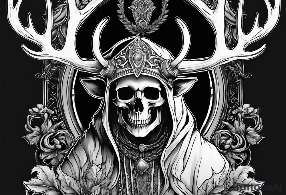 Hooded figure riding on a reindeer skeleton tattoo idea