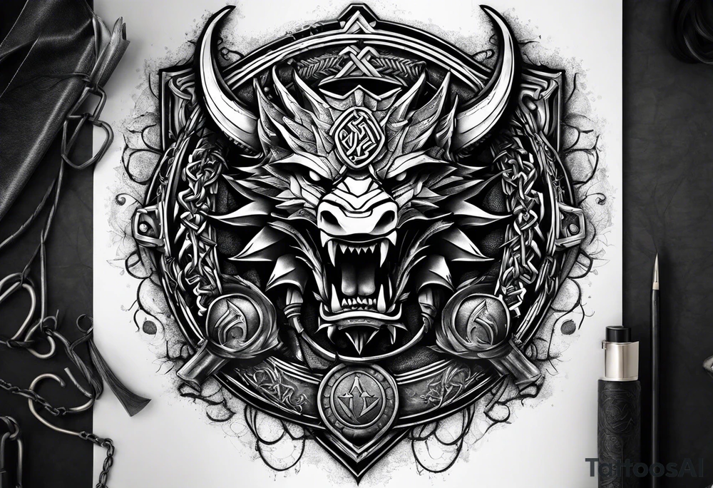 Valhalla sword shield dragon axe Valknut barbed wire chains tattoo idea