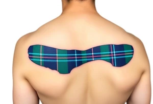 Side of arm Dark Purple with green pink blue and white highlights tartan fabric with flesh peeling away at edges tattoo idea