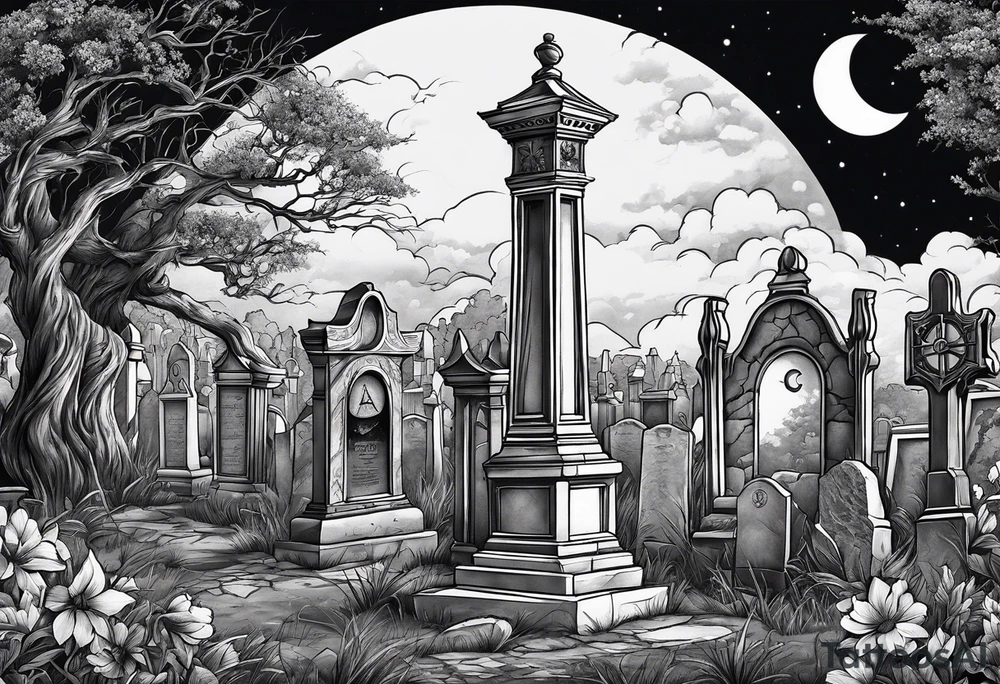 graveyard with moon and sundial tattoo idea