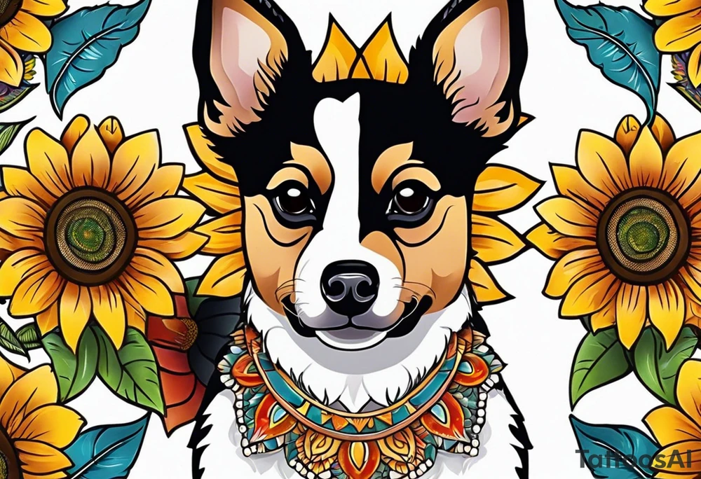 Alebrije pomchi face with sunflowers tattoo idea