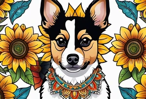 Alebrije pomchi face with sunflowers tattoo idea
