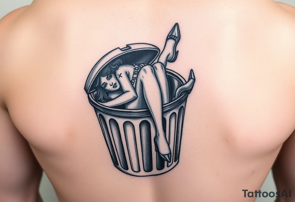 Prostitute hanging out of a trash can 
 dead with high heels and xs where her eyes are tattoo idea