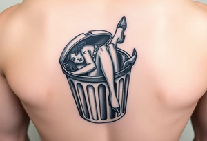 Prostitute hanging out of a trash can 
 dead with high heels and xs where her eyes are tattoo idea