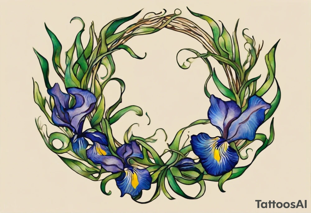 Create a small, colorful Vincent van Gogh Irises tattoo in the form of a crescent, with vines gracefully intertwining at a central point in the middle of the wreath. The intended placement is on the upper chest. The overall design should be small in size while maintaining a delicate and artistic aesthetic. Pay attention to the graceful flow of the vines and the placement of the irises to achieve a refined and elegant look. tattoo idea