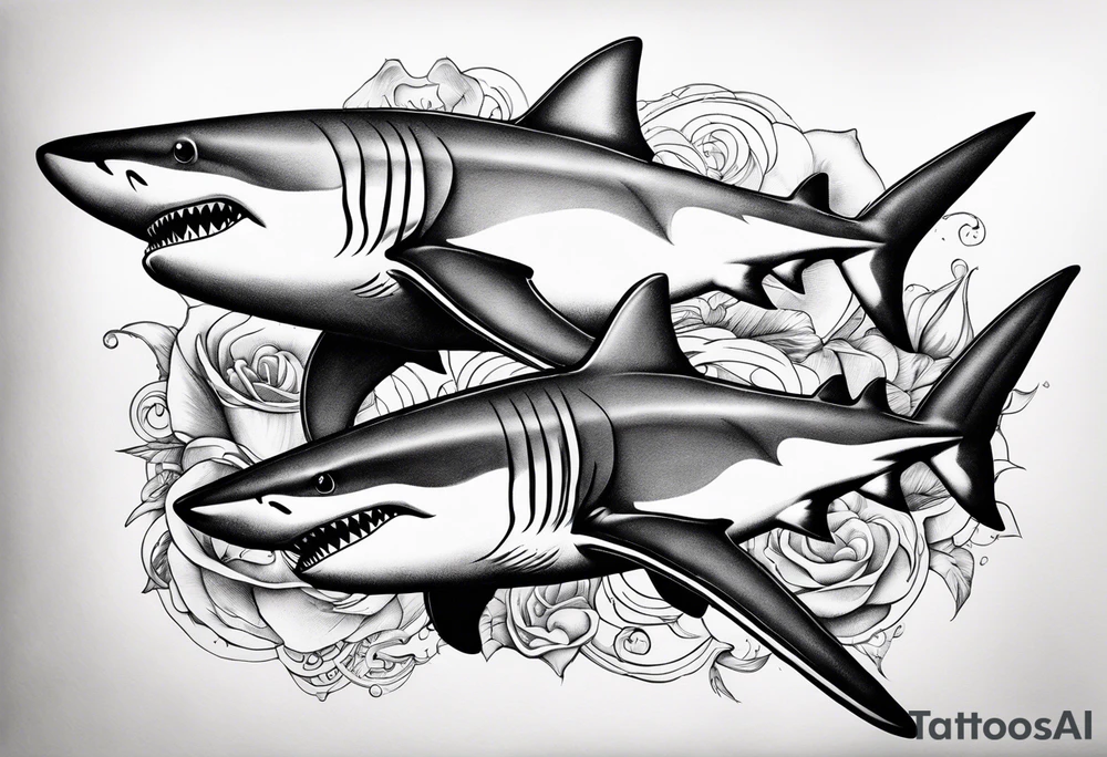 2 nautical style sharks wrapped around the knee no background tattoo idea