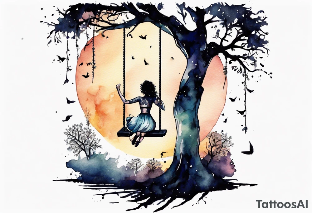 Woman on a swing off off a tree at night tattoo idea