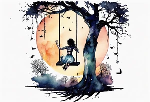 Woman on a swing off off a tree at night tattoo idea