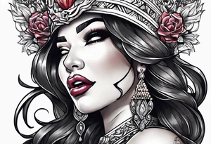 Latina Queen ahegao, tongue out drooling, happy, whitespace hentai tattoo idea