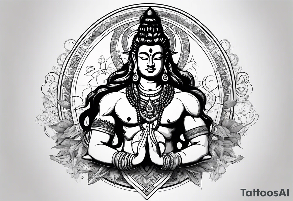 envision Shiva in a dynamic pose, surrounded by symbols representing adventure and karma, with flowing elements to signify your go-with-the-flow attitude. tattoo idea