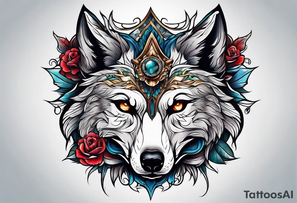 Half wolf half skull head tattoo idea