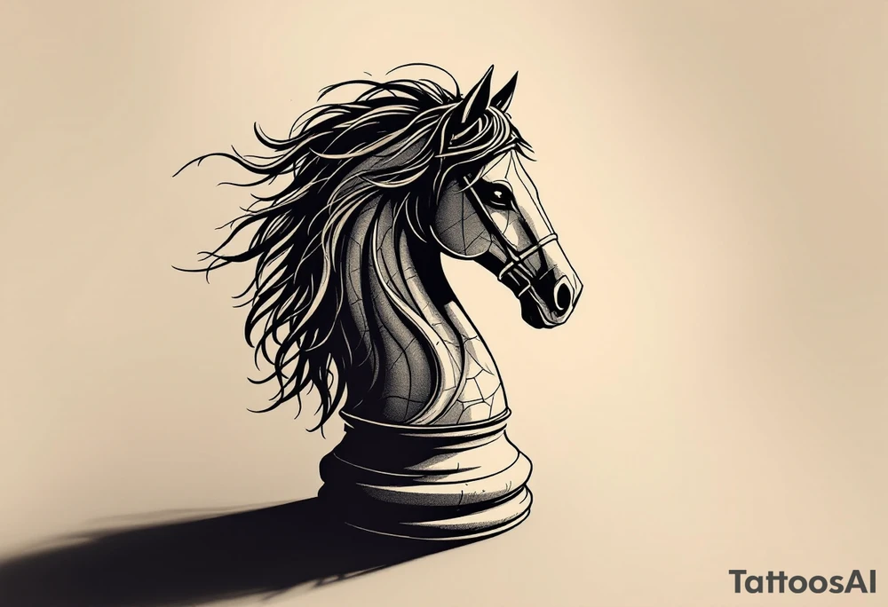 a knight of chess piece. it doesn't have legs, it's a chess piece. 
The knight piece is depicted in motion, slightly tilted forward as if it's charging or coming out of the shadows. The knight’s face is detailed but with a focus on the horse's strong features: its mane flowing in the wind, and the body etched with intricate details to represent strength and agility. The knight is emerging from a shadow, with the front part of the body illuminated in soft, warm light. The shadowed portions near the back and tail create a mystical aura. tattoo idea
