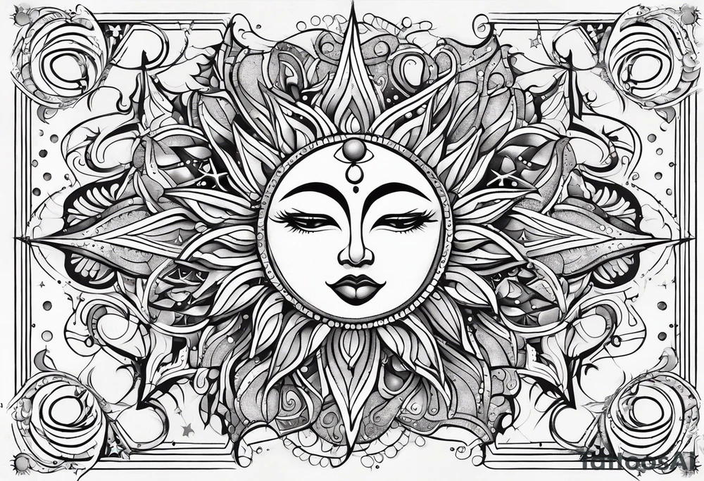 Feminine alien Sun and moon. Freeform rectangular sternum swirls with dots and stars tattoo idea