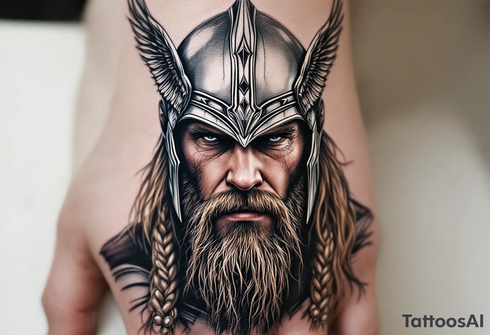 A portrait of Thor wearing a detailed winged helmet, his beard braided with small metallic rings, in hyper-realism with silver and dark brown tones. tattoo idea