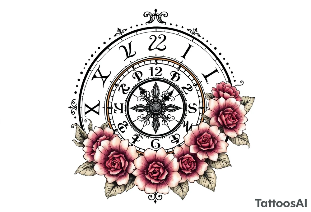 zodiac symbols and Norse runes within ornate clock with roses lilly sunflowers tattoo idea