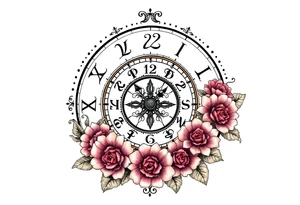 zodiac symbols and Norse runes within ornate clock with roses lilly sunflowers tattoo idea