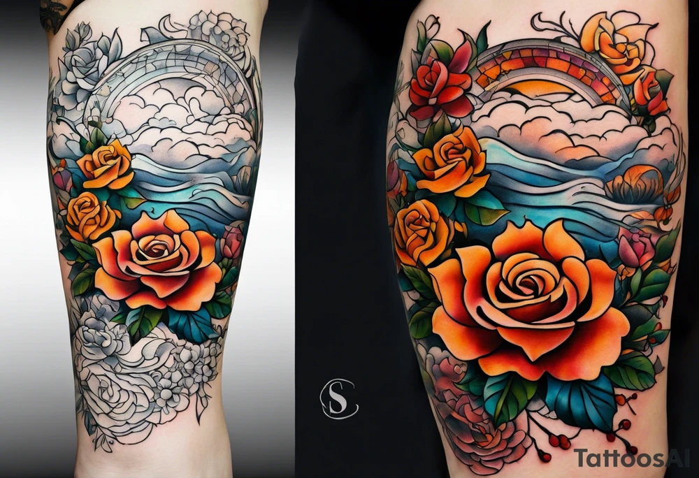 thigh tattoo with fall colors showing, small flowers, roses, water flow, and sky tattoo idea
