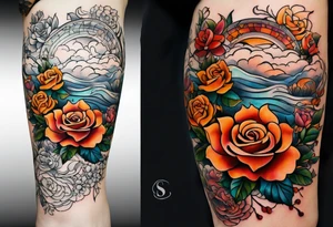 thigh tattoo with fall colors showing, small flowers, roses, water flow, and sky tattoo idea