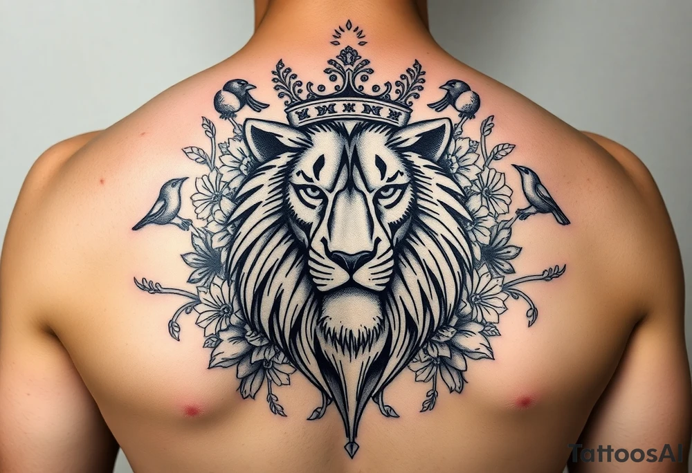 powerful majestic lion with a crown, surrounded by floral ornaments and birds tattoo idea