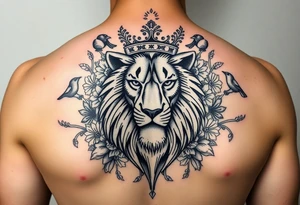powerful majestic lion with a crown, surrounded by floral ornaments and birds tattoo idea