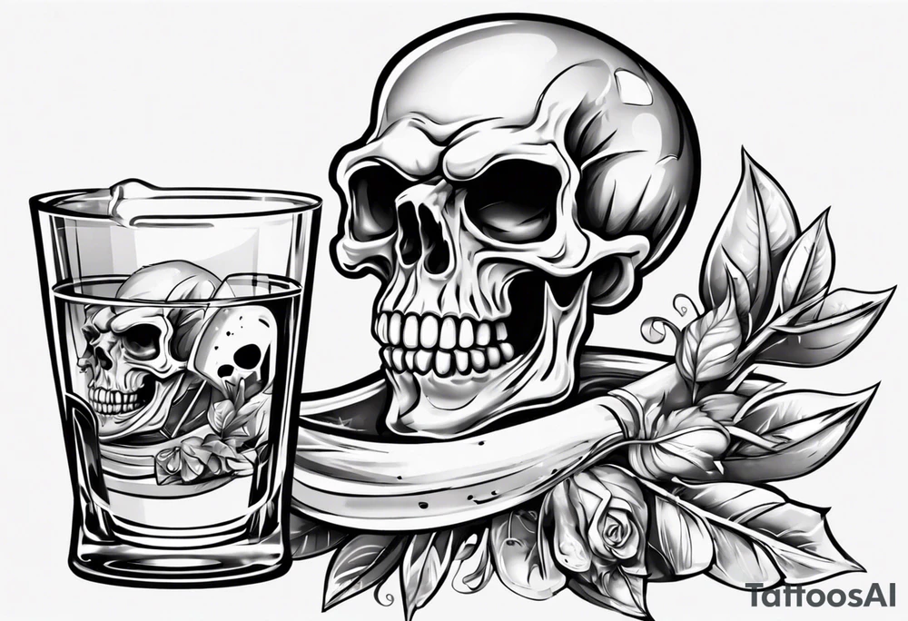 A smiling looking to the left scull inside the glass with alcohol and piece of lime tattoo idea