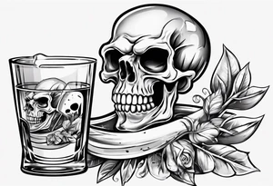 A smiling looking to the left scull inside the glass with alcohol and piece of lime tattoo idea