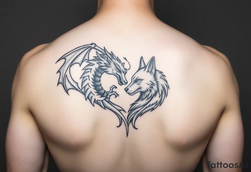 A dragon and a wolf in the shape of a heart tattoo idea