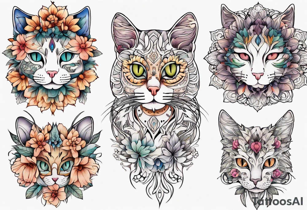 Cat colored flowers Mandala tattoo idea