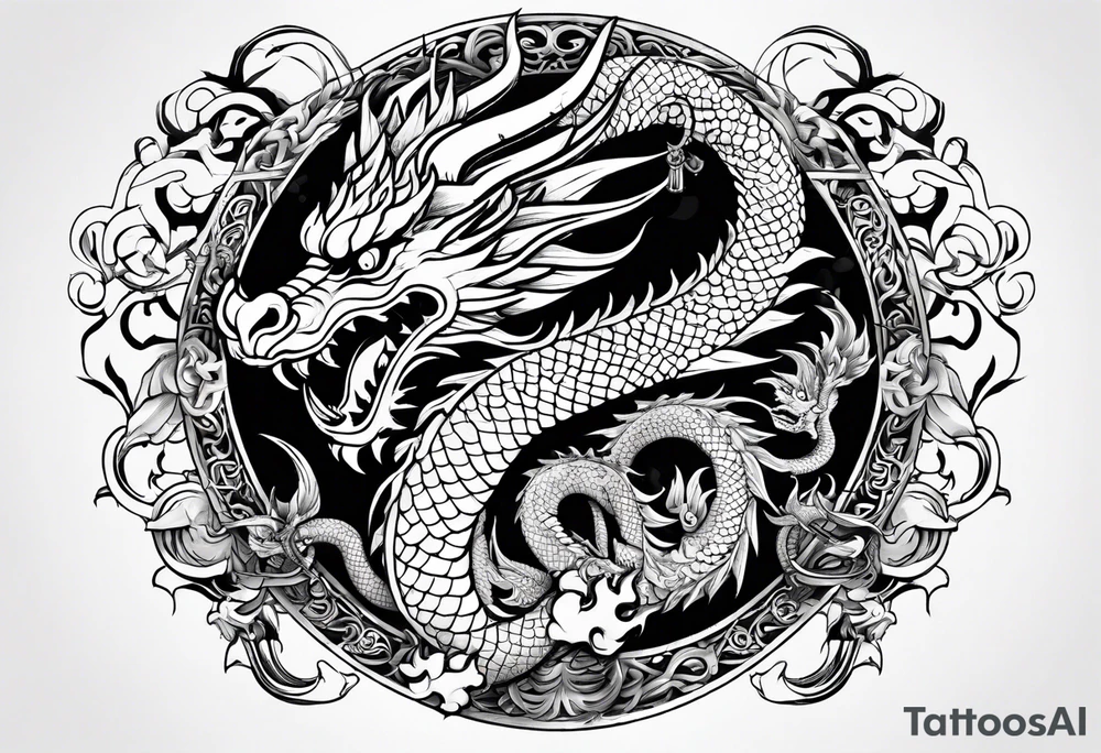 an asian dragon, anime-style, surrounding a vajra tattoo idea