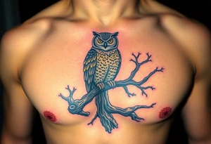 wise owl perched on ancient oak branch under starlit sky tattoo idea