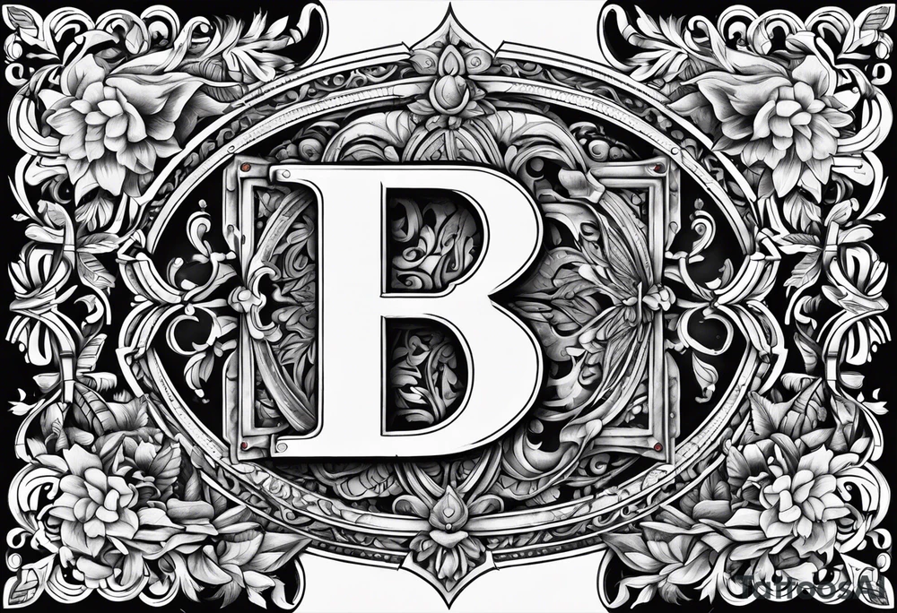 The letter b in bold with the names Alec Hannah and Raelynn inside the b tattoo idea