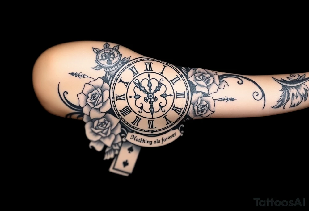 Roman clock with roses and a crown,  a quote that says nothings forever. and on the bottom a deck of cards tattoo idea