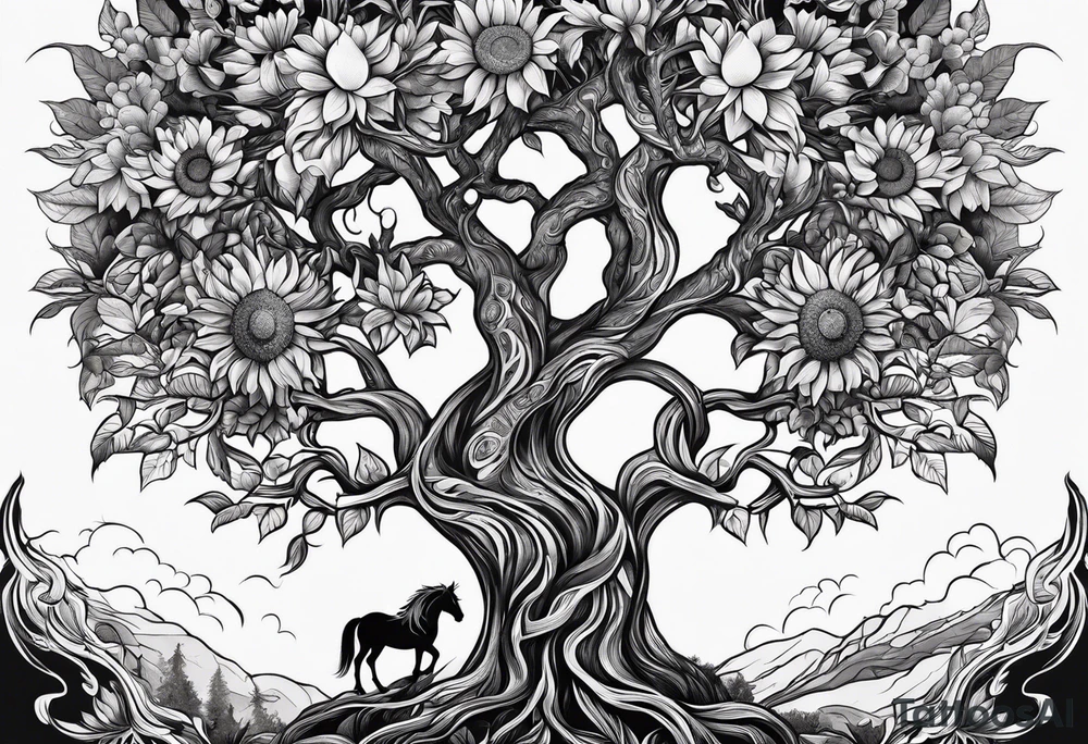 Yggdrasil tree, horse, sunflower tattoo idea