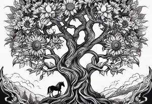 Yggdrasil tree, horse, sunflower tattoo idea