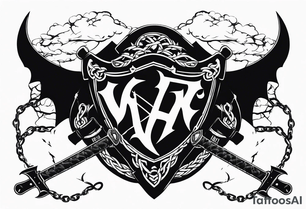 Valhalla sword shield axe barbed wire chains dark cloud lightning tattoo idea