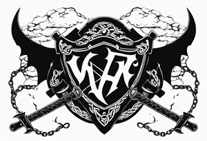 Valhalla sword shield axe barbed wire chains dark cloud lightning tattoo idea