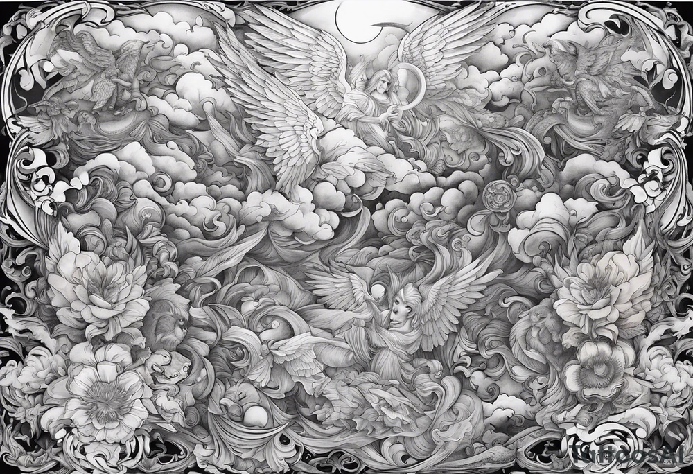 heaven and hell with angels and demons arm sleeve tattoo idea