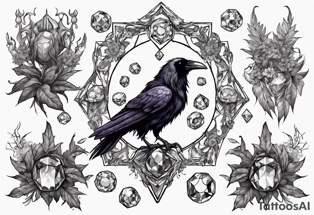 Demon Raven surrounded gems poisonous plants and astrology. tattoo idea