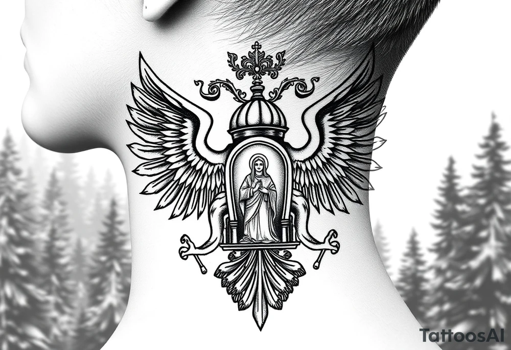 russian coat of arms double headed eagle traditional christian orthodox cross with a virgin mary stood in the entrance of a russian orthodox dome church on the side of the neck in a wilderness setting tattoo idea