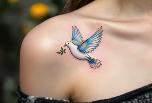 Dove of Peace – A gentle white dove in flight, with blue and gold feathers, carrying an olive branch in its beak, symbolizing peace and the Holy Spirit. tattoo idea