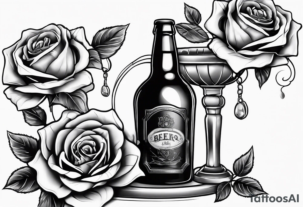 A bottle of beer and a stalk of rose in the bucket tattoo idea