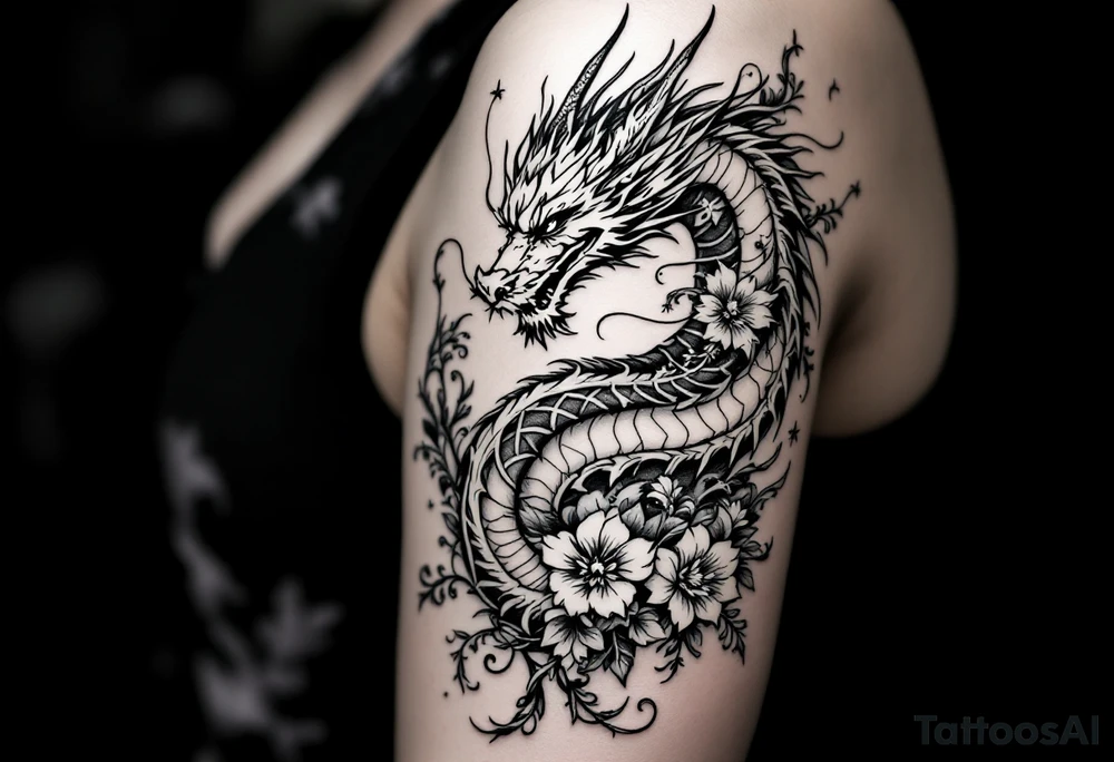 un dragon central entouré de fleurs de lys de style avec des ombrages dans un style assez fin tattoo idea