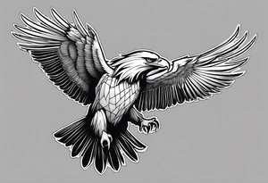 An eagle clutching a banner in its talons that states flectere si nequeo supros acheronta movebo tattoo idea