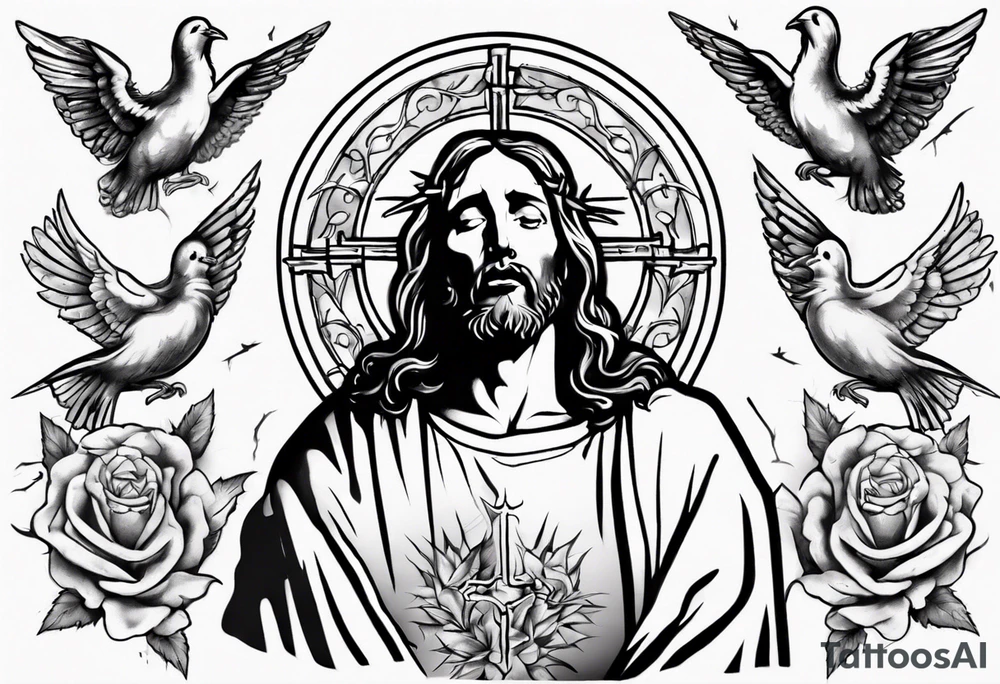 Jesus with thorns looking up and crying, doves, lambs, blood tattoo idea