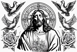 Jesus with thorns looking up and crying, doves, lambs, blood tattoo idea