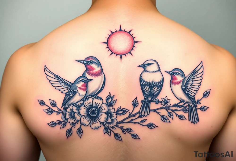 Four birds, flowers, branch, sun or moon tattoo idea
