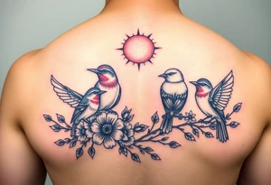 Four birds, flowers, branch, sun or moon tattoo idea