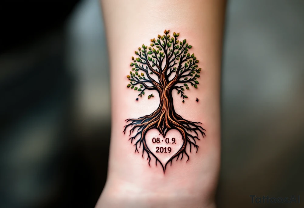 A tree with a strong trunk, and the roots forming a heart shape at the base with date "08. 09. 2019". Small leaves gently flutter around the branches. Earthy browns for the trunk, rich green for the leaves, and soft red and pink tones for the heart-shaped roots. tattoo idea
