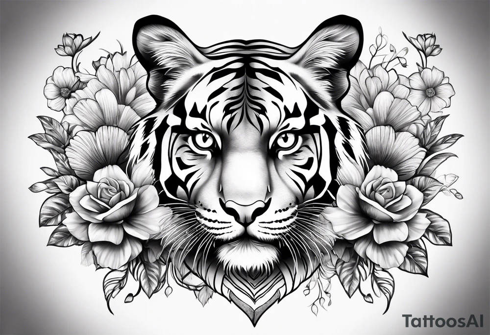 tiger, 3 butterflies, flowers for ladies thigh / hip shaded tattoo idea
